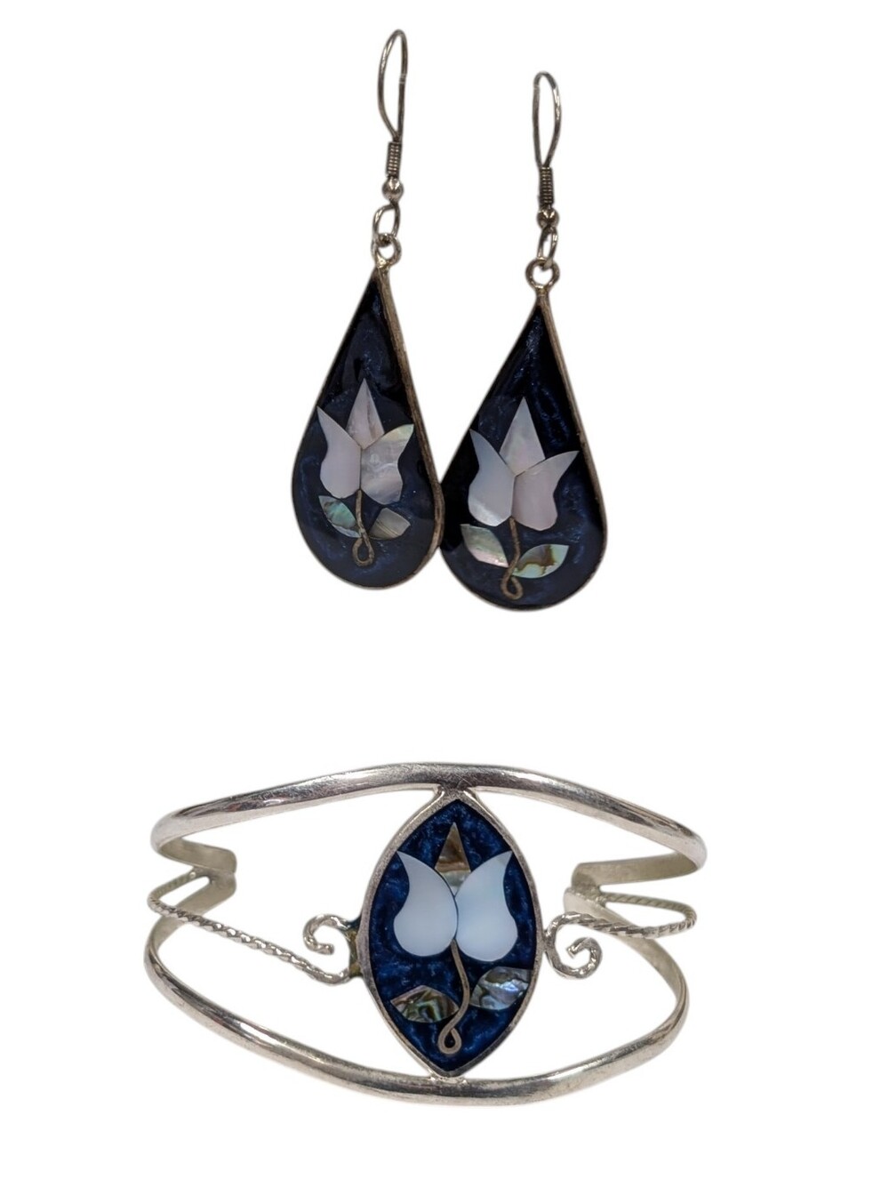 Vintage Alpaca Mexico Blue Mother-of-Pearl Flower Earrings & Cuff Bracelet Set